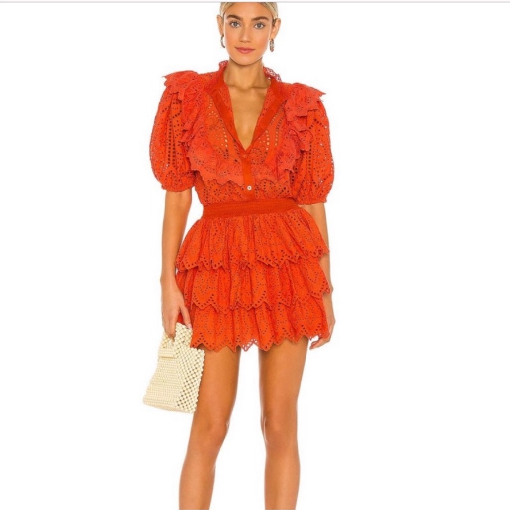 Place Nationale Le Brisous Coral Red Eyelet Tiered Ruffle Mini Dress Size 6